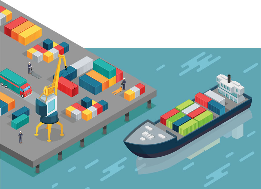 Cargo ship near dock illustration