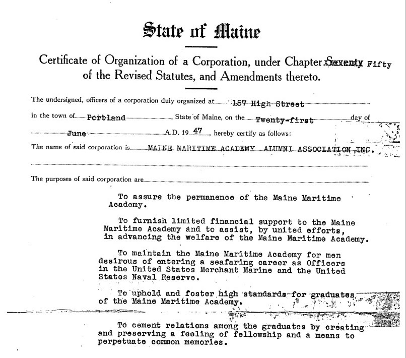 Certificate of organization of a corporation