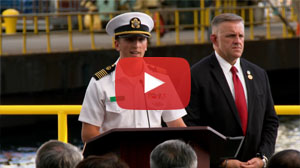 Midshipman Fields shares remarks during the TS State of Maine Christening Ceremony at Hanwha Philly Shipyard on August 26, 2025.