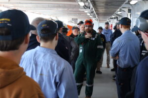 Chief Mate walking through lifeboat drills